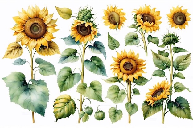Akwarela bukiet słoneczników z kwiatowymi zielonymi liśćmi clipart ilustracja naturalny kwiat zestaw