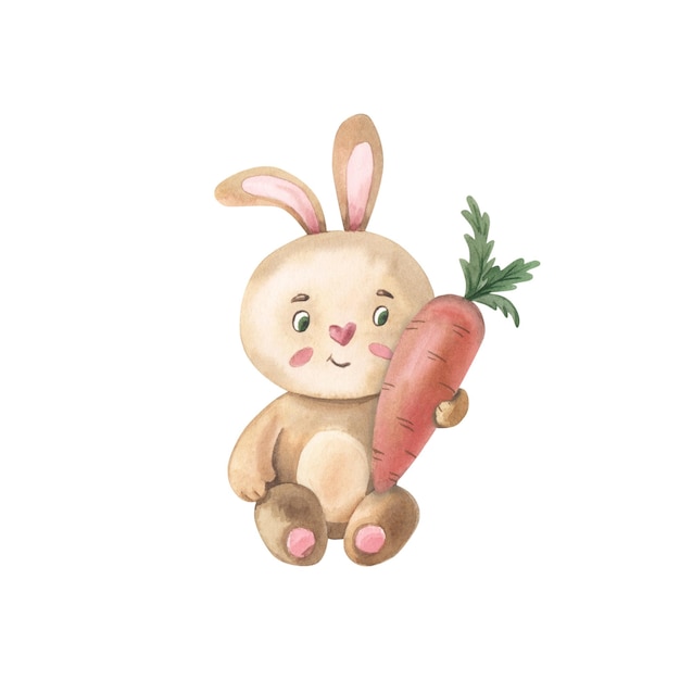 Zdjęcie akwarela bunny siedzi z marchewką słodkie zwierzę dla dzieci zabawny królik