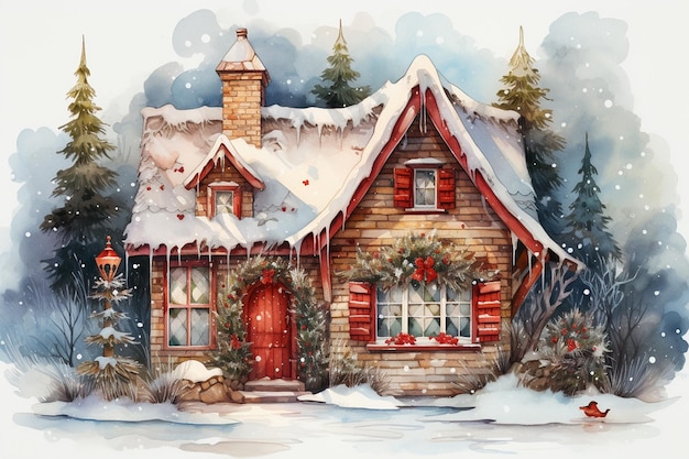 Akwarela ceglany dom w zimowym lesie Ilustracja świąteczna Kartka świąteczna do zaprojektowania lub wydrukowania