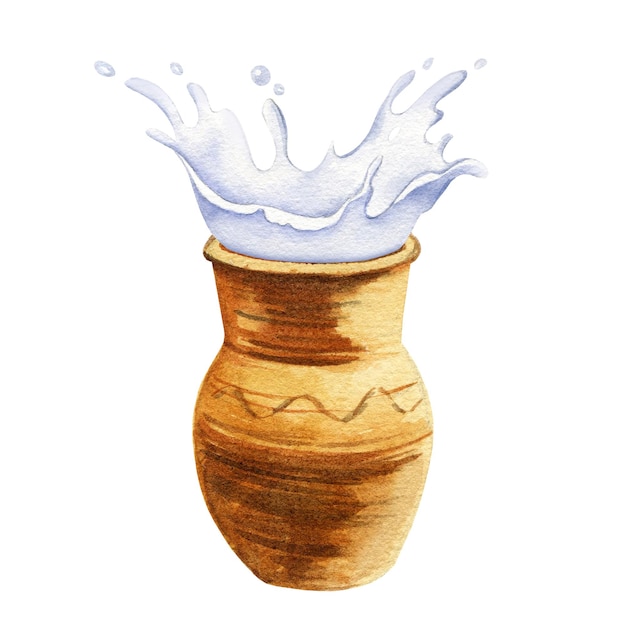 akwarela ceramiczny dzbanek z odpryskami mleka, ilustracja brązowego dzbanka mleka, retro gliniany dzbanek, na białym tle