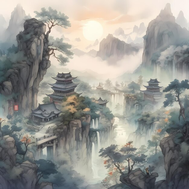 akwarela chiński styl tło góra ilustracja Generative AI