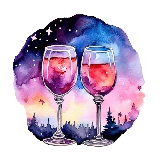 Akwarela clipart dwa kieliszki z winem na tle jasnego nocnego nieba z gwiazdami i lasem