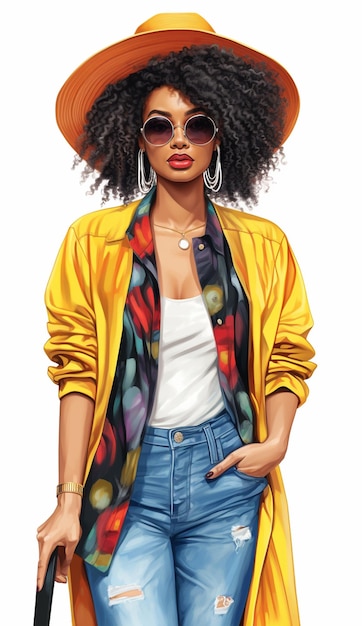 Akwarela czarna kobieta biała ilustracja tła Denim Girls Fashion Girls Curvy Girl Afro