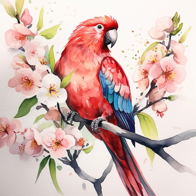 Akwarela czerwona papuga