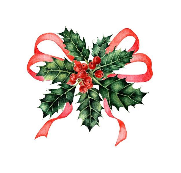 Akwarela czerwona wstążka i ostrokrzew z jagodami Modne świąteczne ilustracje Boże Narodzenie