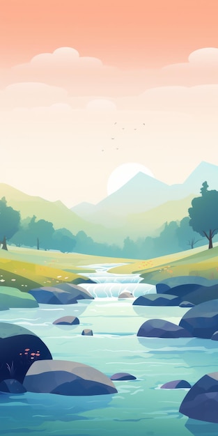 Akwarela Dolina UHD Ilustracja przedstawiająca spokojny potok w stylu Pixar