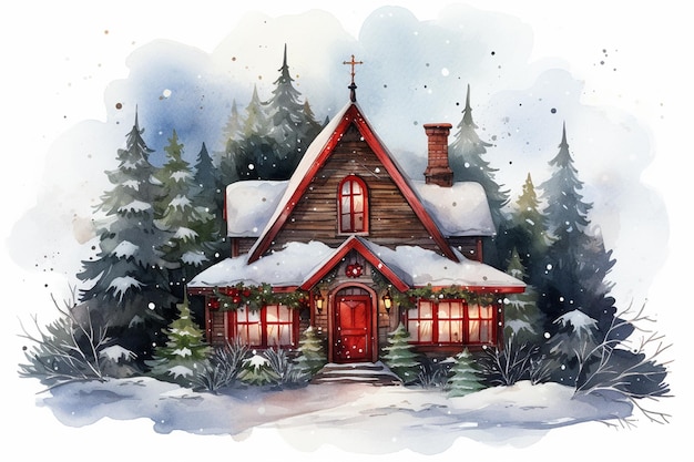 Akwarela drewniany dom w zimowym lesie Ilustracja świąteczna Kartka świąteczna do zaprojektowania lub wydrukowania