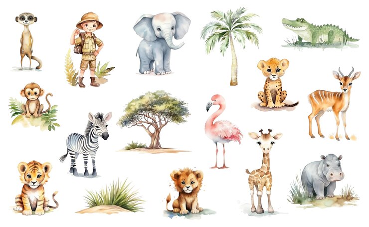 Zdjęcie akwarela duży zestaw safari na białym tle zwierzęta z afrykańskiego safari słoń żyrafa krokodyl tygrys lew gepard zebra flaming małpa surykatka i inni młody odkrywca i afrykańskie drzewa