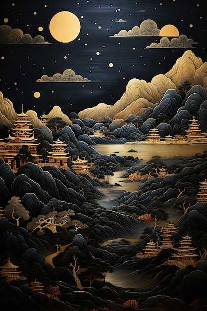 Akwarela Elegancki krajobraz Japonii Ilustracja Złota i Czarna Tekstura Wschodnia