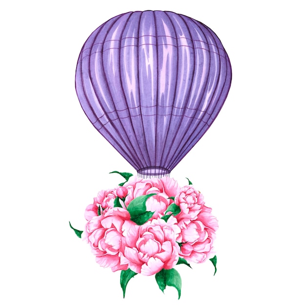 Akwarela fioletowy balon na ogrzane powietrze z kwiatami piwonii Ręcznie malowane ilustracja na białym tle Do projektowania drukuje tkaniny lub tło