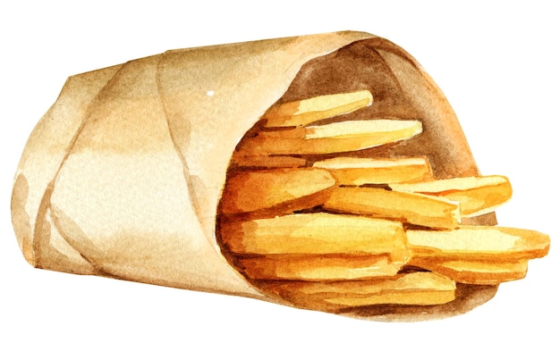 Akwarela frytki w ręcznie rysowane papier rzemieślniczy szkic ilustracja jedzenie fast food na białym tle