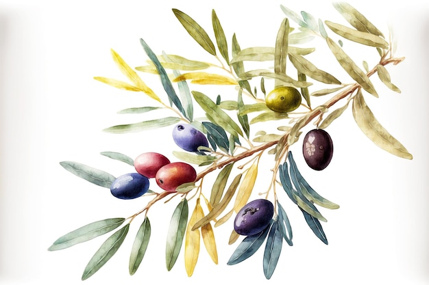 Zdjęcie akwarela gałązka oliwna na białym tle