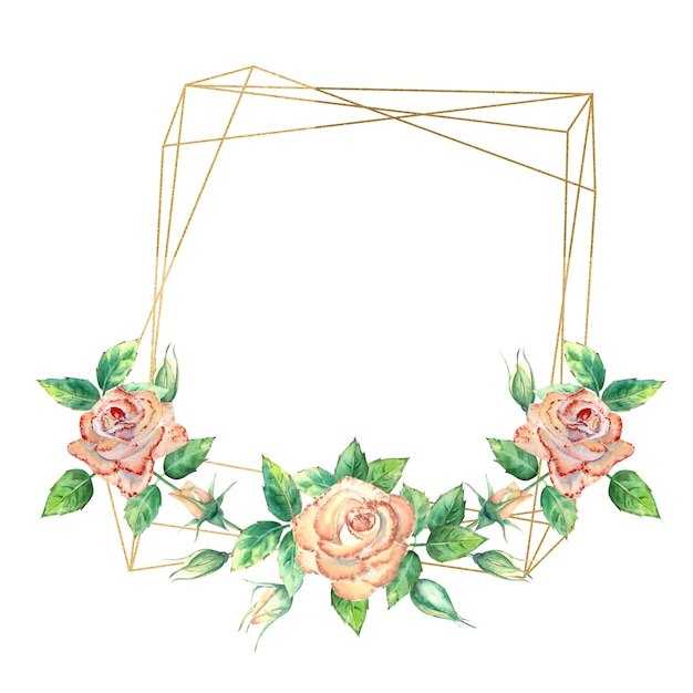 Zdjęcie akwarela geometryczna ramka ozdobiona kwiatami brzoskwini i róży