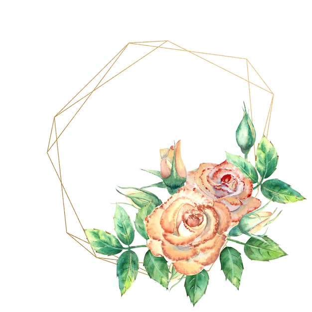 Akwarela geometryczna ramka ozdobiona kwiatami brzoskwiniowymi różami