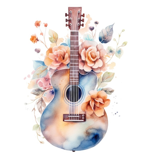 Akwarela gitara z kwiatowymi elementami