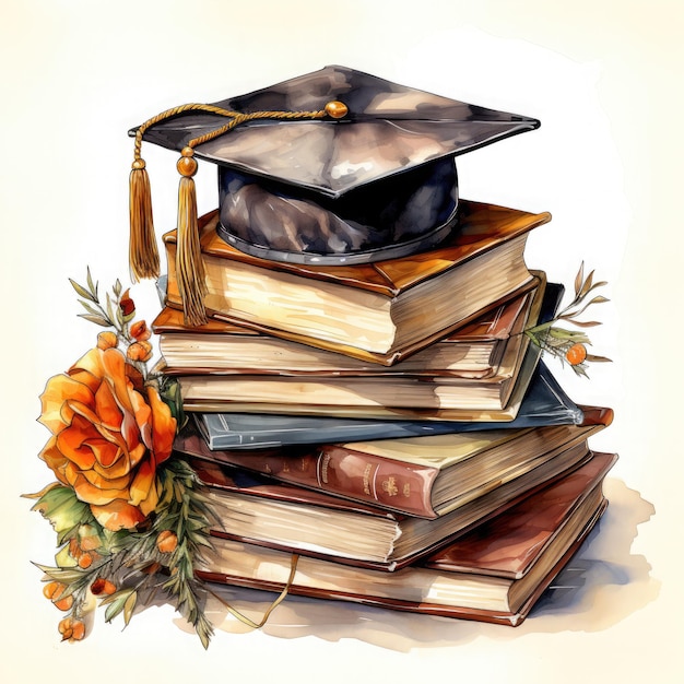 Akwarela Graduation Cap Z Książkami Ilustracja Generative Ai