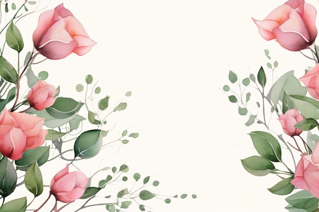 Zdjęcie akwarela granica ramki kwiatowy z liści i róż