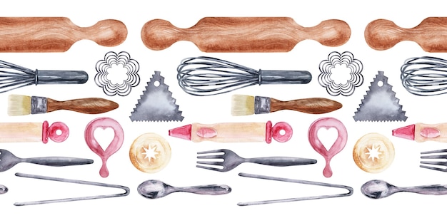 Zdjęcie akwarela graniczy z narzędziami do gotowania i świątecznymi słodyczami