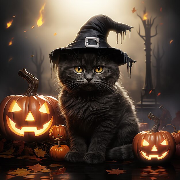 Akwarela Halloween ilustracja ładny czarny kot w spiczastym kapeluszu czarownicy
