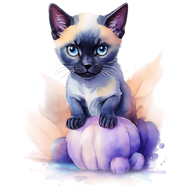 akwarela halloweenowy kotek syjamski z dynią