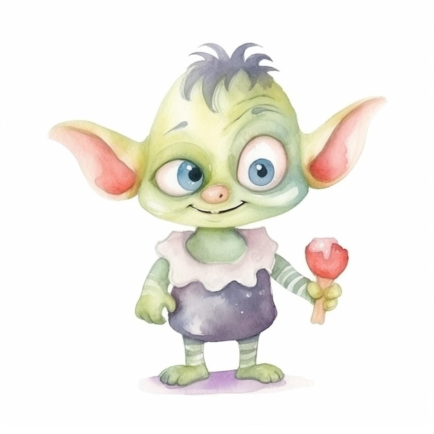 Akwarela ilustracja baby yoda z różowymi lodami w dłoni