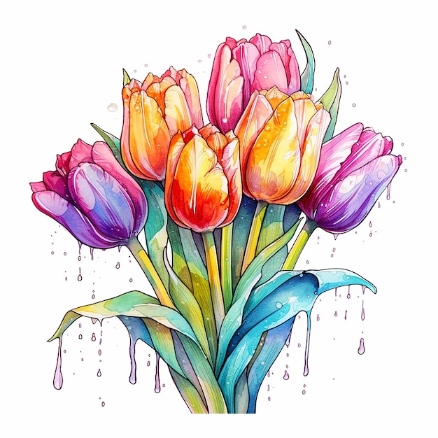 Akwarela ilustracja bukiet kolorowych tulipanów z kapiącymi kroplami.
