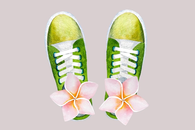 Akwarela ilustracja bukiet kwiatów plumeria i zielone gumshoes kwiaty plumeria i gumshoes