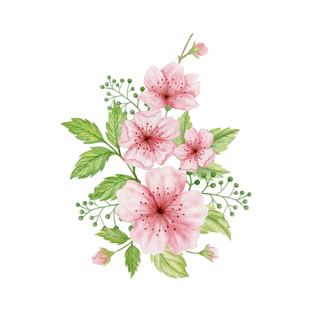 Akwarela ilustracja bukiet kwiatów wiśni