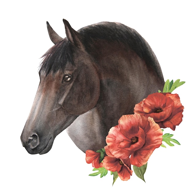 Akwarela ilustracja ciemnego konia z delikatnymi makami izolat