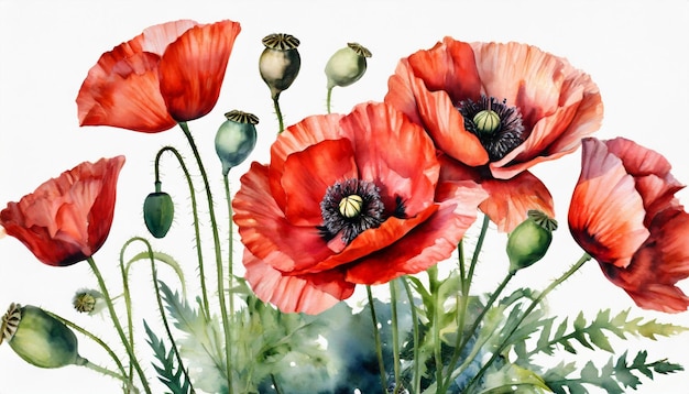 Akwarela ilustracja czerwonych kwiatów maku bukiet na białym tle