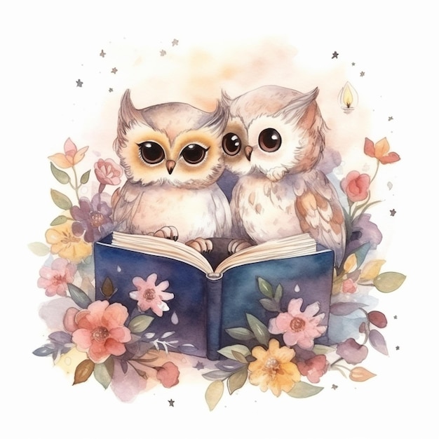 Akwarela ilustracja dwóch sów czytających książkę.
