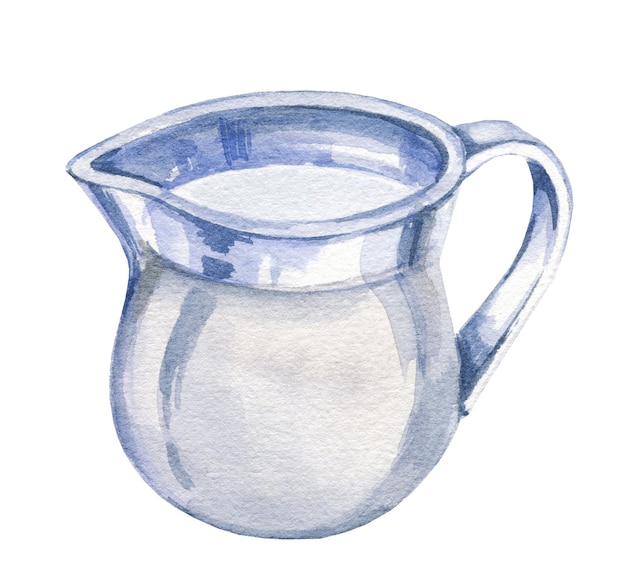 Akwarela ilustracja dzbanek mleka przezroczysty biały dzban szklany garnek do picia