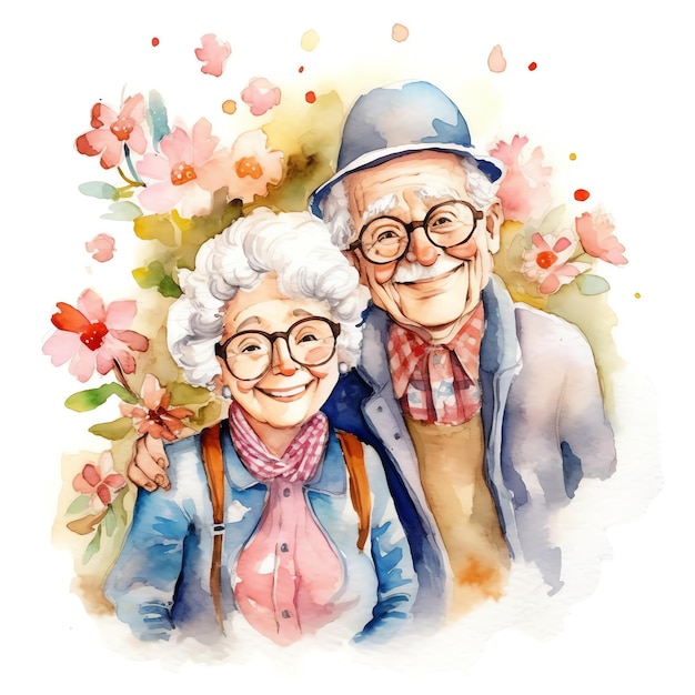 Akwarela ilustracja dziadków z kwiatami