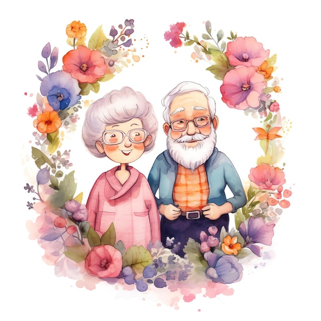 Akwarela ilustracja dziadków z kwiatami