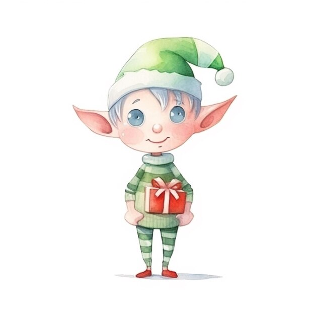 Zdjęcie akwarela ilustracja elfa z prezentem w dłoniach.
