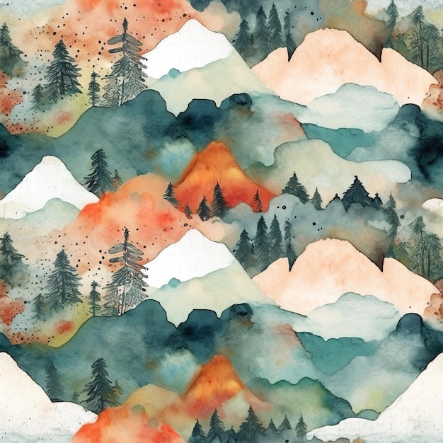 Akwarela ilustracja górskiego krajobrazu z drzewami i górami w tle.