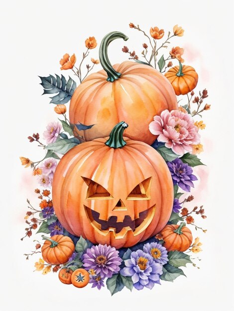 akwarela ilustracja Halloween straszne dynie kolorowe kwiaty