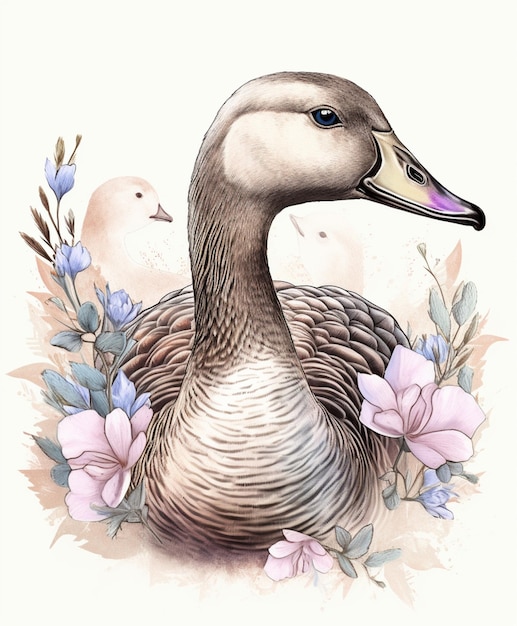 Akwarela ilustracja kaczki i kwiaty