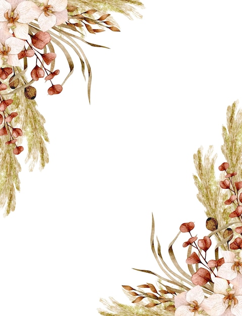 Akwarela ilustracja karta z kwiatami boho rama różowa orchidea eukaliptusowa trawa pampasowa