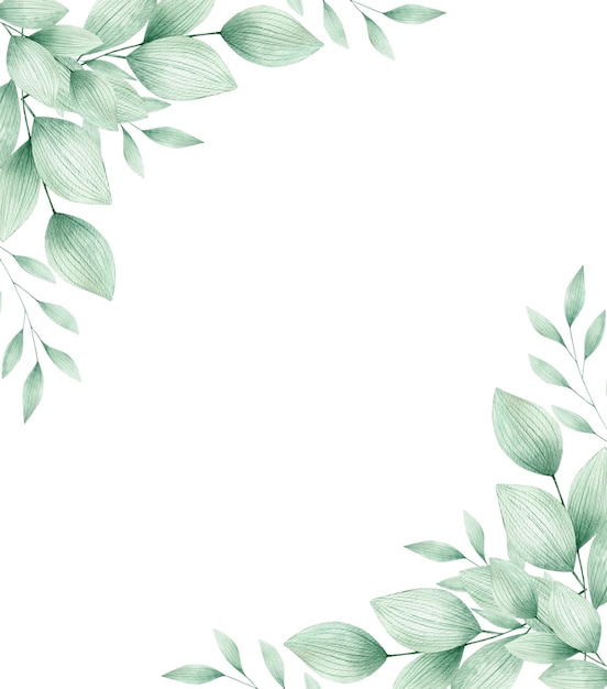 Akwarela ilustracja karta zielone liście ramka na białym tle Ręcznie rysowane clipart