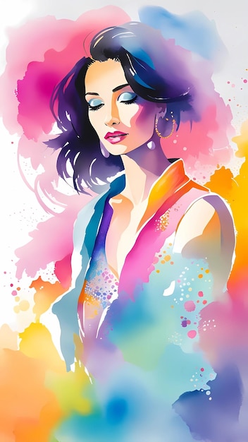 Zdjęcie akwarela ilustracja kobiety w kolorowej sukience z kolorowym tłem