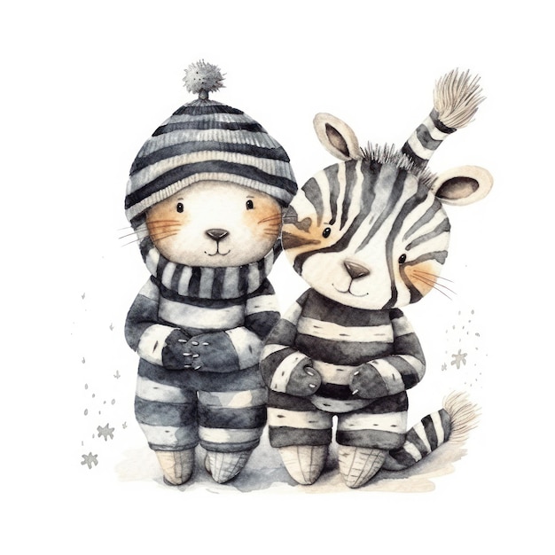 Akwarela ilustracja kota i zebry