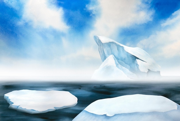 Akwarela ilustracja krajobrazu Morza Północnego błękitne niebo pływające kry lodowa