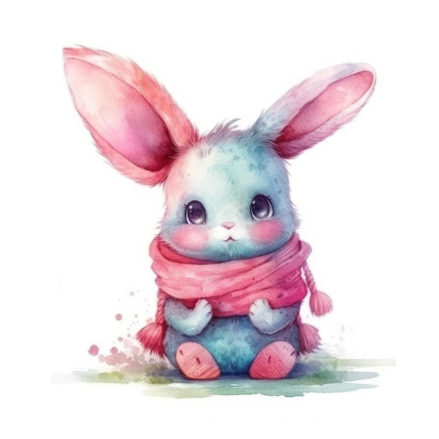 Akwarela ilustracja królika z różowym szalikiem.