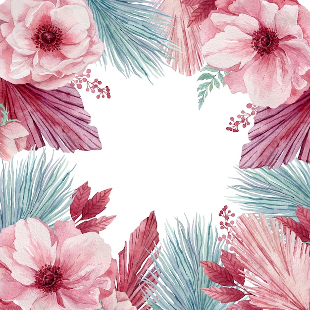 Akwarela ilustracja kwiatów delikatny anemon i niebieskie gałązki tropikalne. wieniec z różowych kwiatów i niebieskich liści palmowych.