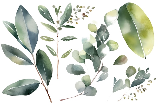 Akwarela ilustracja kwiatowy zestaw zielonych gałęzi liści kolekcja AI