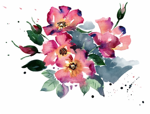 Akwarela ilustracja kwiaty różowe i magenta kolory zielone liście na białej powierzchni stylizowanej abstrakcji