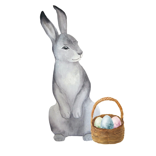 Akwarela ilustracja ładny królik wielkanocny z kolorowych jaj w koszyku