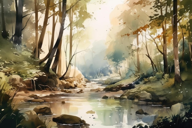 Akwarela ilustracja leśnego strumienia z odbiciami i światłem