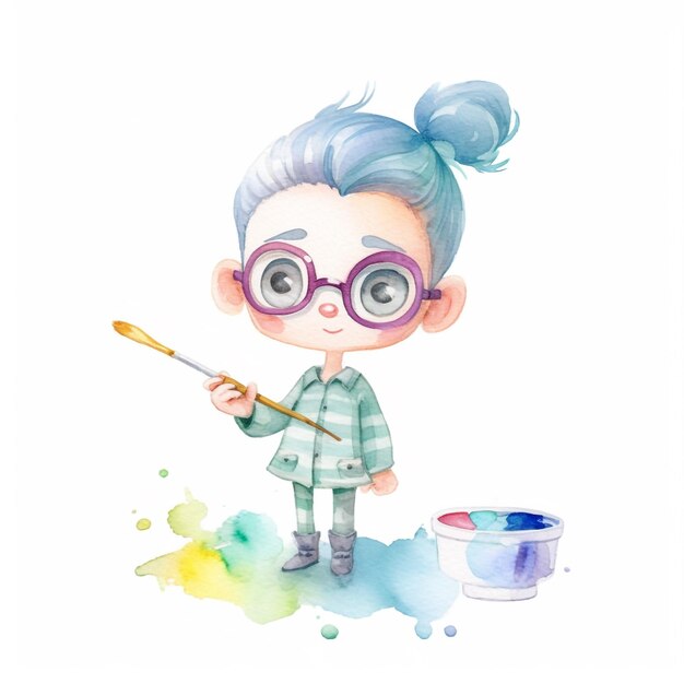 Akwarela ilustracja małej dziewczynki z niebieskimi włosami i okularami trzymającej pędzel